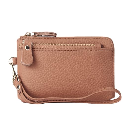 GreatRise Klein Geldbörse Damen Reißverschluss Portemonnaie Leder Geldbeutel Frauen Slim Kartenetui Mini mit Handgelenkband, 3 Fächer, 3 Kartenfächern und 1 Schlüsselanhänger Lotuswurzel Rosa von GreatRise
