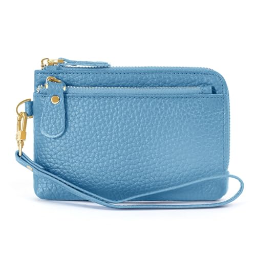 GreatRise Klein Geldbörse Damen Reißverschluss Portemonnaie Leder Geldbeutel Frauen Slim Kartenetui Mini mit Handgelenkband, 3 Fächer, 3 Kartenfächern und 1 Schlüsselanhänger Ozean Grün von GreatRise