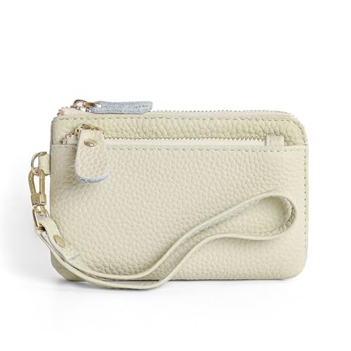 GreatRise Klein Geldbörse Damen Reißverschluss Portemonnaie Leder Geldbeutel Frauen Slim Kartenetui Mini mit Handgelenkband, 3 Fächer, 3 Kartenfächern und 1 Schlüsselanhänger Weiß von GreatRise
