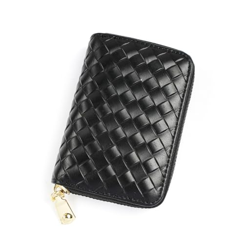 GreatRise Klein Geldbörse Echtleder Portemonnaie mit Geflochtener Muster Orgel-Stil Kreditkartenetui Breiftasche Damen Geldbeutel für Frauen Herren mit Reißverschluss, Mehrere Kartenfächer Schwarz von GreatRise