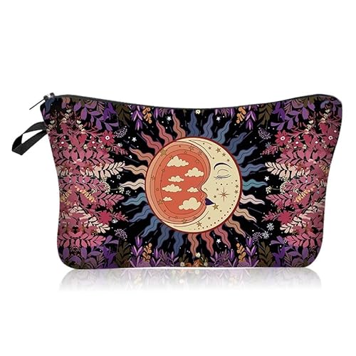 GreatRise Kleine Kosmetiktasch, Sonne und Mond, Boho-Kulturbeutel Tragbarer Make up Tasche mit Reißverschluss Schöne Blume Schminktasche Boho-Geschenke für Frauen Mädchen Schwester Geburtstag Mond von GreatRise