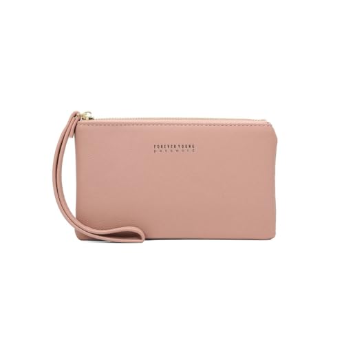 GreatRise Kleines Damen Geldbörse PU Leder Portemonnaie Kleine Brieftasche Coin Purse Münzbörsen mit Reißverschluss Fächer Kartenfächer und Abnehmbar Handgelenkband für Handy Geld Karten Hellrosa von GreatRise