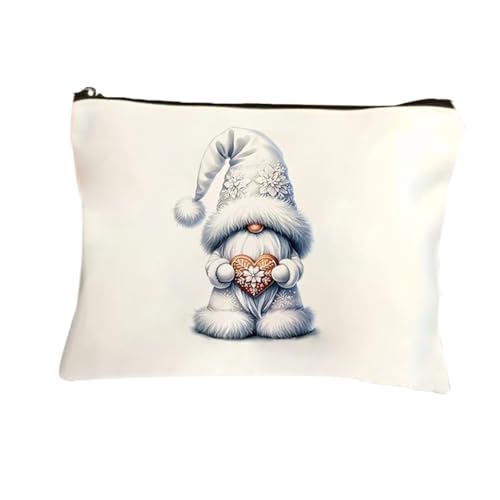 GreatRise Kosmetiktasche Canvas Make up Tasche mit Weihnachtsmann Wichtel Muster Schminktasche Damen Reißverschluss Kulturtasche Kosmetikbeutel Organizer für Reise Weihnachten Geschenk Weiß von GreatRise