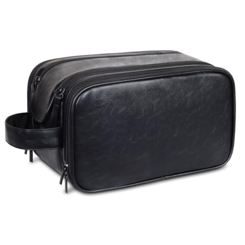 GreatRise Kulturbeutel Herren PU-Leder Kulturtasche Große Kapazität Waschtasche Kosmetiktasche Make-up Organizer mit Griff Doppelter Reißverschlussöffnung, für Reise Urlaub Sport Schwarz von GreatRise