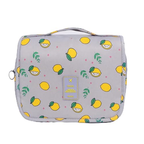 GreatRise Kulturtasche zum Aufhängen Faltbare Waschtasche für Damen und Herren Wasserabweisende Kulturbeutel Reise Organizer Make up Tasche mit Haken für Makeup Toilettenartikel Grau Zitrone von GreatRise