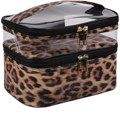 GreatRise Leopardenmuster Kosmetiktasche PU Leder Make up Tasche Doppellagig Reise Schminktasche Tragbare Kulturbeutel wasserdichte Kulturtasche PVC Make-up-Organizer für Damen Herren Kaffee von GreatRise