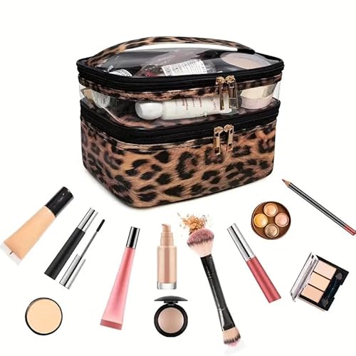 GreatRise Leopardenmuster Kosmetiktasche PU Leder Make up Tasche Doppellagig Reise Schminktasche Tragbare Kulturbeutel wasserdichte Kulturtasche PVC Make-up-Organizer für Damen Herren Weiß von GreatRise