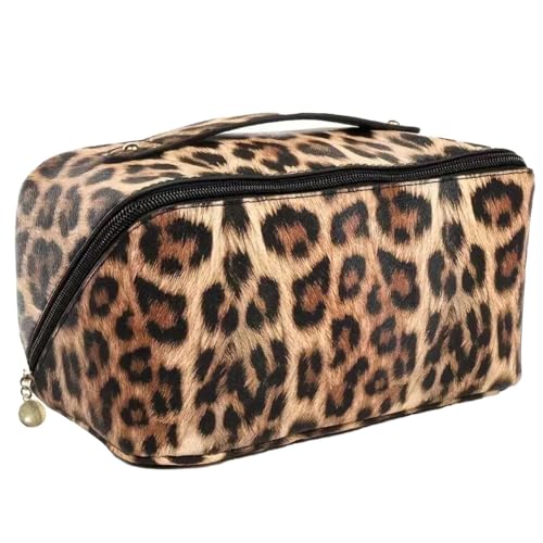GreatRise Leopardenmuster Kulturbeutel PU Leder Kosmetiktasche Tragbare Make-up-Organizer-Tasche Reise Kulturtasche Wasserdichter Reisetasche Schminktasche, Großer Stauraum, für Damen Herren Kaffee von GreatRise