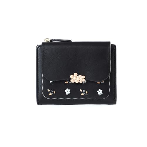 GreatRise Niedlich Blumen Geldbörse PU Leder Kleine Geldbeutel Portemonnaie Damen im Kurzformat Mini Brieftasche mit Reißverschluss, Vielen Fächern, für Frauen Kinder Karten Münze Geldschein Schwarz von GreatRise