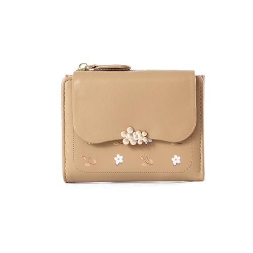 GreatRise Niedlich Blumen Geldbörse PU Leder Kleine Geldbeutel Portemonnaie Damen im Kurzformat Mini Brieftasche mit Reißverschluss, Vielen Fächern, für Frauen Kinder Karten Münze Geldschein Khaki von GreatRise