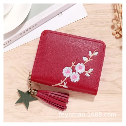 GreatRise Niedliche Geldbörse Damen PU-Leder Portemonnaie Kurze Herz Geldbeutel Klein Blume Kreditkartenetui Münze Brieftasche mit Stern-Anhänger für Mädchen Frauen Kinder Geschenk Burgunderrot#2 von GreatRise