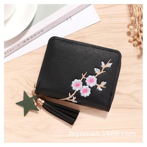 GreatRise Niedliche Geldbörse Damen PU-Leder Portemonnaie Kurze Herz Geldbeutel Klein Blume Kreditkartenetui Münze Brieftasche mit Stern-Anhänger für Mädchen Frauen Kinder Geschenk Schwarz#2 von GreatRise