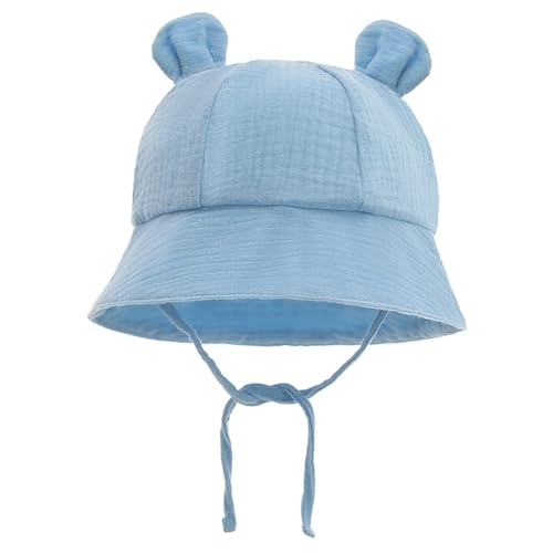 GreatRise Unisex Baby Sonnenhut Baumwolle Kleinkind Sommerhut mit Ohren und Verstellbarem Bindebändern UV Schutz Fischerhut Breite Krempe Kinder Mützen Strandhut für Jungen Mädchen Blau von GreatRise