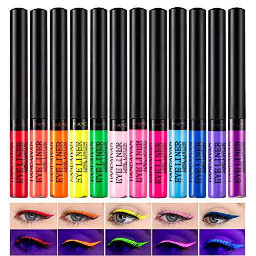 Fluoreszierender flüssiger Eyeliner, Greatlizard 12 Farben Neon Liquid Eyeliner Kit Wasserfest UV Glow Matte Eyeliner Makeup für den täglicheGebrauch und Halloween, Weihnachten von Greatlizard