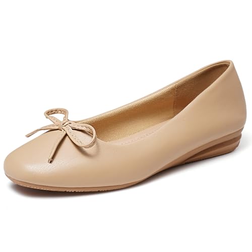 Greatonu Ballerinas Damen Elegant Klassische Ballerinas mit Schleife Bequeme Flache Schuhe Für Damen Slip On Ballerina Schuhe Damen Beige 42 von Greatonu