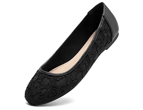 Greatonu Damen Geschlossene Ballerinas Brautschuhe atmungsaktiv Lace Flache Schuhe Schwarz mit Futter Größe 36 von Greatonu