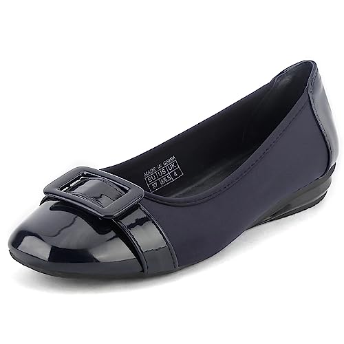 Greatonu Damen Casual Klassische Geschlossene Office Square Toe Ballerinas Buckle Flache Schuhe Navy EU 37 von Greatonu