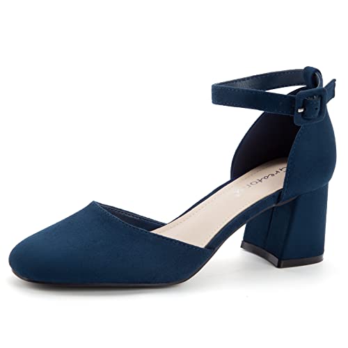 Greatonu Damen Pumps mit Knöchelriemen Spangenpumps Schnalle Pumps Fesselriemen Blockabsatz Riemchenpumps Sandale Absatzschuhe Geschlossene Eckige Spitze Pumps High Heels für Hochzeiten Party Blau 36 von Greatonu