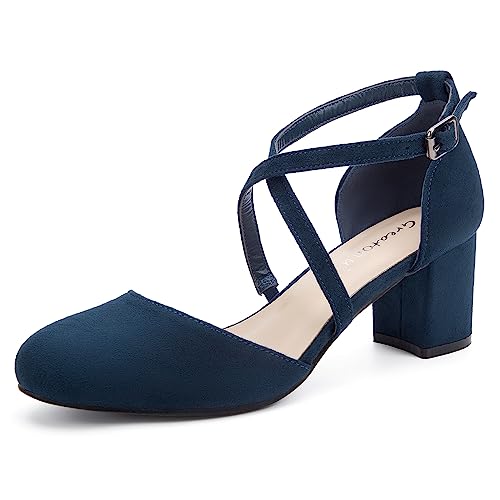 Greatonu Damen Pumps Riemchenpumps Spangenpumps Sandale mit Kreuz Knöchelriemen Blockabsatz Geschlossener Spitze Glitzer Pumps - Perfekt für Hochzeiten und Partys Blau 40 EU von Greatonu