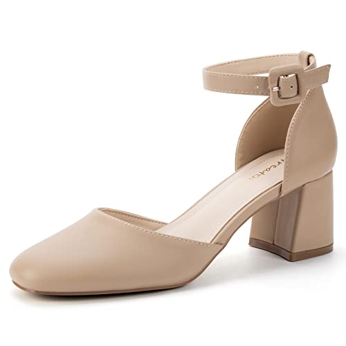 Greatonu Damen Pumps mit Knöchelriemen Spangenpumps Schnalle Pumps Fesselriemen Blockabsatz Riemchenpumps Sandale Absatzschuhe Geschlossene Eckige Spitze Pumps High Heels für Hochzeiten Party Beige 37 von Greatonu