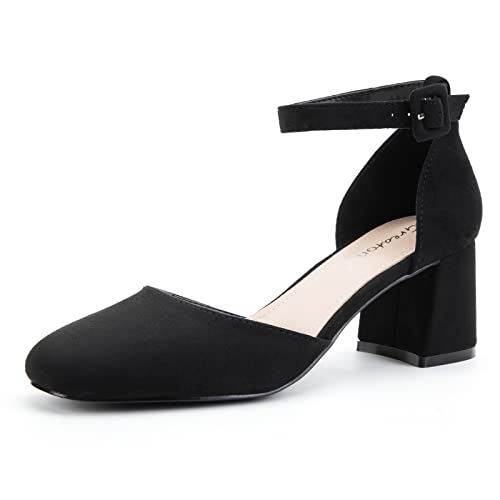 Greatonu Damen Pumps mit Knöchelriemen Spangenpumps Schnalle Pumps Fesselriemen Blockabsatz Riemchenpumps Sandale Absatzschuhe Geschlossene Eckige Spitze Pumps High Heels Hochzeiten Party Schwarz 37 von Greatonu