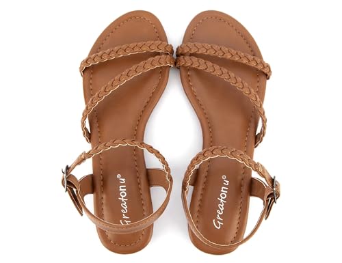 Greatonu Damen Flache Sandalen Slip On Sommer Gladiator Open Toe Geflochten Slingback Schuhe, camel, 43 EU von Greatonu
