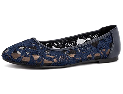 Greatonu Damen Geschlossene Ballerinas Brautschuhe atmungsaktiv Lace Flache Schuhe Blau Größe EU 39 von Greatonu