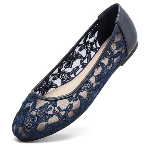 Greatonu Damen Geschlossene Ballerinas Brautschuhe atmungsaktiv Lace Flache Schuhe Blau Größe EU 36 von Greatonu