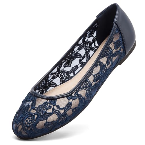 Greatonu Damen Geschlossene Ballerinas Brautschuhe atmungsaktiv Lace Flache Schuhe Blau Größe EU 38 von Greatonu