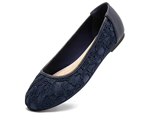 Greatonu Damen Geschlossene Ballerinas Brautschuhe atmungsaktiv Lace Flache Schuhe Blau mit Futter Größe 36 von Greatonu