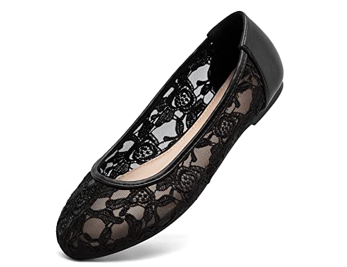 Greatonu Damen Geschlossene Ballerinas Brautschuhe atmungsaktiv Lace Flache Schuhe Schwarz Größe EU 38 von Greatonu