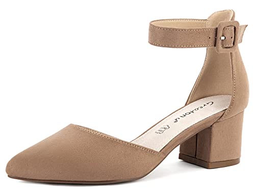 Greatonu Damen Pumps Velour Knöchel-Riemchen Blockabsatz Sandalen Beige Größe 38EU von Greatonu