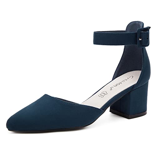 Greatonu Damen Sandalen Velour Knöchel-Riemchen Blockabsatz Pointed Toe Blau Größe 41EU von Greatonu