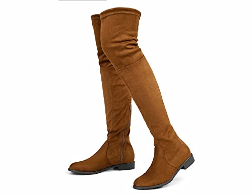 Greatonu Damen Overknee Oberschenkel Hoch Niedriger Blockabsatz Spitze Zehe Reiten Stretch Lange Flache Stiefel Frühling Herbst Winter 0.98 inchs Camel EU 40 von Greatonu