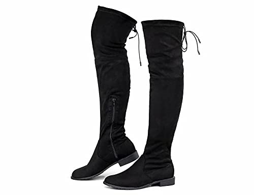 Greatonu Damen Overknee Oberschenkel Hoch Niedriger Blockabsatz Spitze Zehe Reiten Stretch Lange Flache Stiefel Frühling Herbst Winter 0.98 inchs Schwarz EU 37 von Greatonu