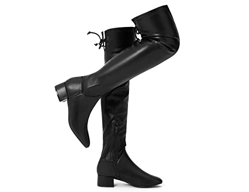 Greatonu Damen Overknee Stiefel Warme Winter Lange Stiefel mit seitlichem Reißverschluss Zurück Spitze Mode Oberschenkel Hohe Stiefel 1.77 inchs Schwarz Pu Leather EU 36 von Greatonu