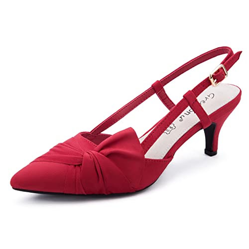 Greatonu Damen Pumps Kitten Absatz Slingback Pointed Toe Schnalle Sandalen Rot Größe 36EU von Greatonu