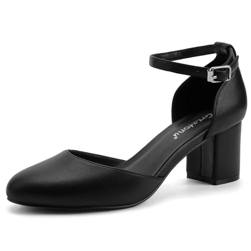 Greatonu Damen Pumps Riemchenpumps Spangenpumps Sandale mit Knöchelriemen Blockabsatz Geschlossener Spitze Glitzer Pumps - Perfekt für Hochzeiten und Partys Schwarz Kunstleder 38 EU von Greatonu