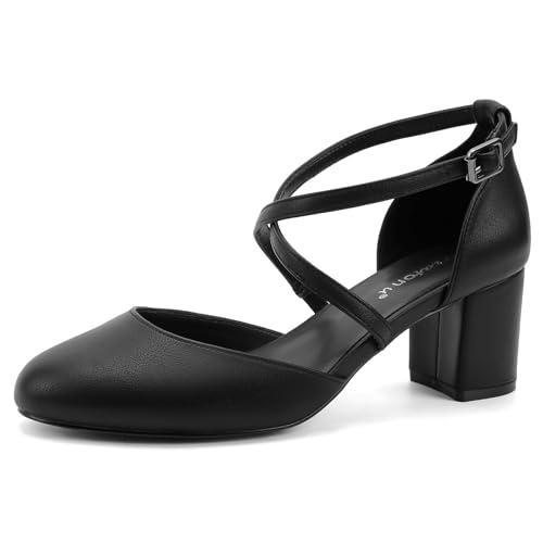 Greatonu Damen Pumps Riemchenpumps Spangenpumps Sandale mit Kreuz Knöchelriemen Blockabsatz Geschlossener Spitze Glitzer Pumps - Perfekt für Hochzeiten und Partys Schwarz Kunstleder 37 EU von Greatonu