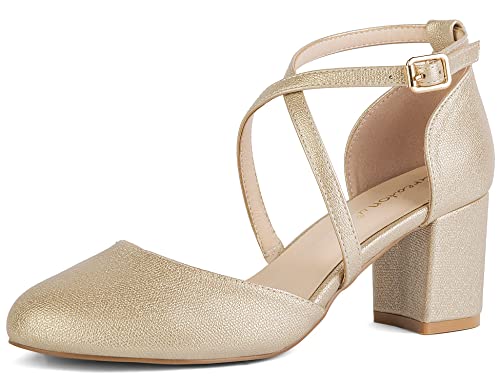 Greatonu Damen Pumps Riemchenpumps Spangenpumps Sandale mit Kreuz Knöchelriemen Blockabsatz Geschlossener Spitze Glitzer Pumps - Perfekt für Hochzeiten und Partys Golden 37 EU von Greatonu