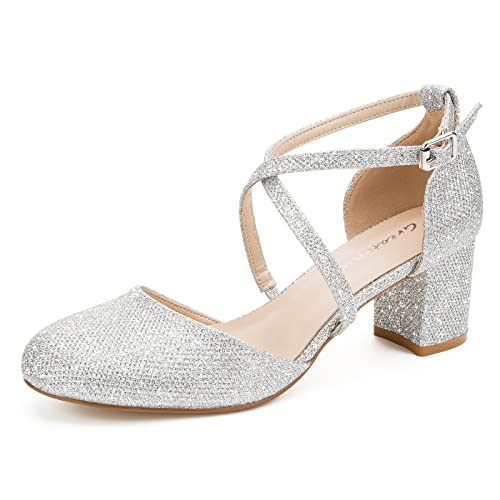 Greatonu Damen Pumps Riemchenpumps Spangenpumps Sandale mit Kreuz Knöchelriemen Blockabsatz Geschlossener Spitze Glitzer Pumps - Perfekt für Hochzeiten und Partys Silber Glitzer 40 EU von Greatonu