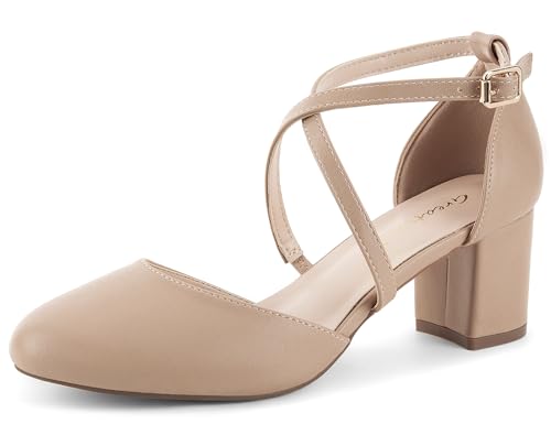 Greatonu Damen Pumps Riemchenpumps Spangenpumps Sandale mit Kreuz Knöchelriemen Blockabsatz Geschlossener Spitze Glitzer Pumps - Perfekt für Hochzeiten und Partys Beige 37 EU von Greatonu