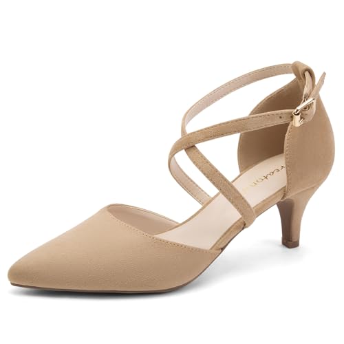 Greatonu Damen Pumps mit Knöchelriemchen und Kittenheel Pointed Toe Beige Größe 36 EU von Greatonu