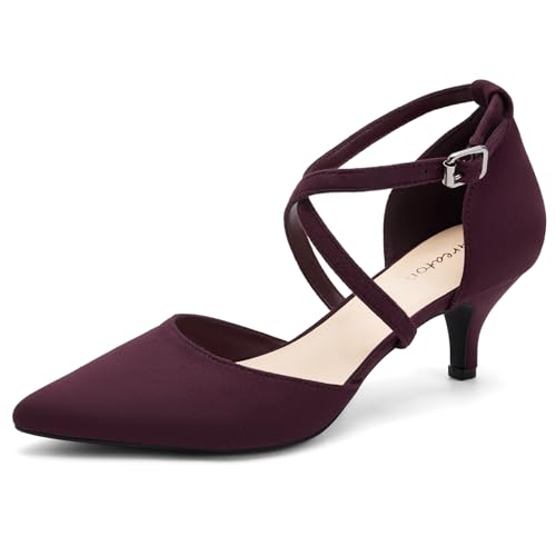 Greatonu Damen Pumps mit Knöchelriemchen und Kittenheel Pointed Toe Burgund Größe 37 EU von Greatonu