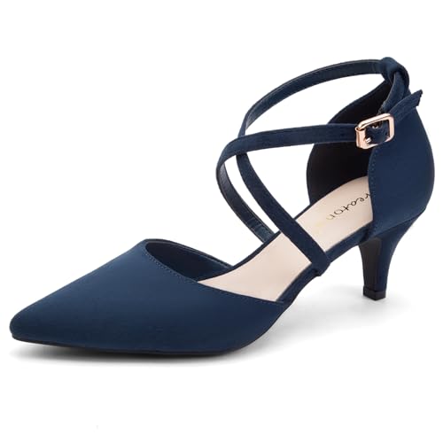 Greatonu Damen Pumps mit Schnürsenkel Kitten Heel Pointed Toe Blau Größe 38 EU von Greatonu