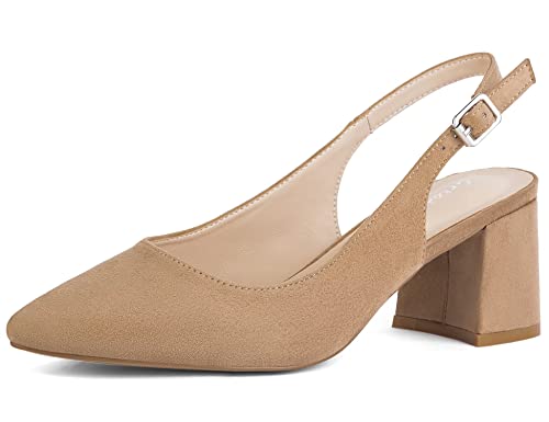 Greatonu Damen Spitzschuh Slingback Pumps Blockabsatz Damen Pumps Knöchelriemen Kleid Sandalen Beige EU 36 von Greatonu