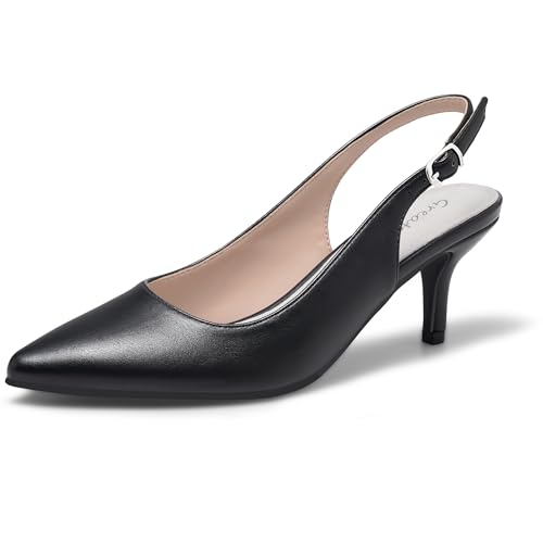 Greatonu Spitz Sandalen Slingback Kitten Absatz Pointed Toe Schwarz PU EU40 von Greatonu