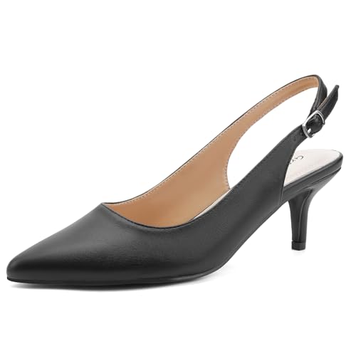 Greatonu Spitz Sandalen Slingback Kitten Absatz Pointed Toe Schwarz PU EU41 von Greatonu