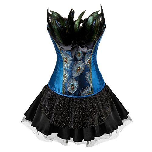 Grebrafan Exclusive Corsage Korsett und Tutu Rock Federn Pfau Karneval Kostüme (EUR(36-38) L, Blau Schwarz) von Grebrafan