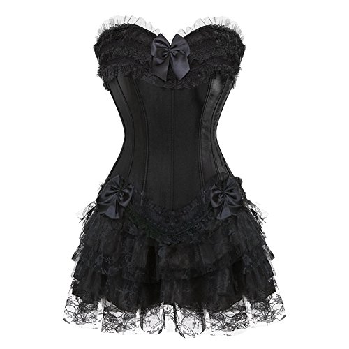 Grebrafan Burlesque Corsage Korsett mit Tüll Rock Satin Reißverschluss Korsage Damen (EUR(40-42) 2XL, Schwarz) von Grebrafan